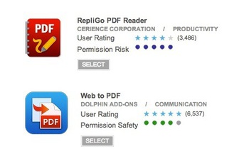 two apps for download with user rating and permissions risk or safety